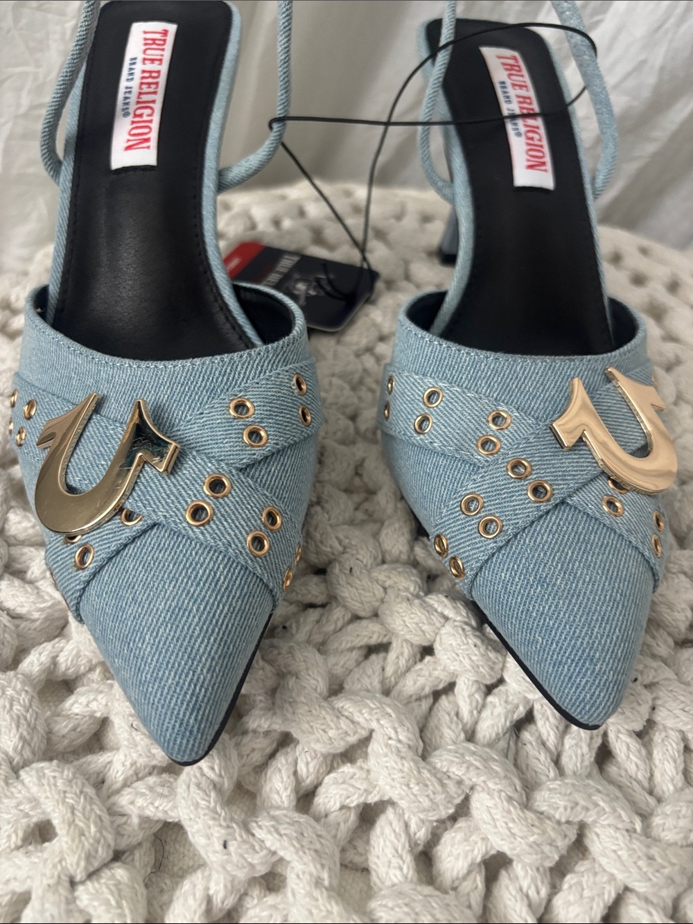 True Religion Light Blue Denim Pointed Slingback Mules with Gold Hardware - Picture 9 of 11